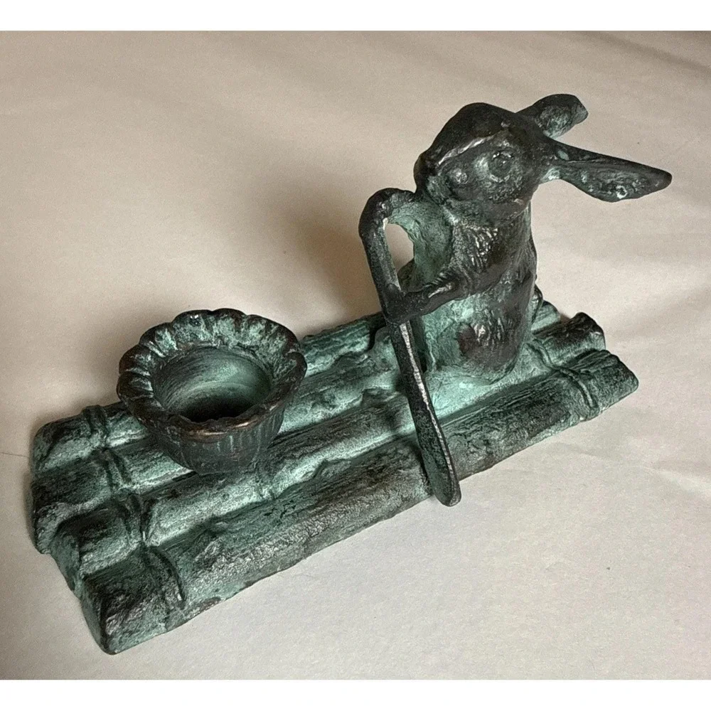 Vintage Verdigris Rabbit Taper Candle Holder on Log Paddle Boat